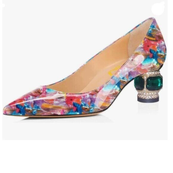 FSJ Multi Floral Pointed Toe Chunky Block Low Heel Crystal Pumps Slip on Shoes - Picture 1 of 8